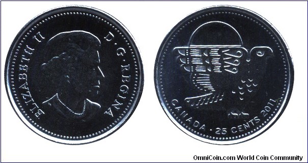 Canada, 25 cents, 2011, Falcon (not colored), Queen Elizabeth II.