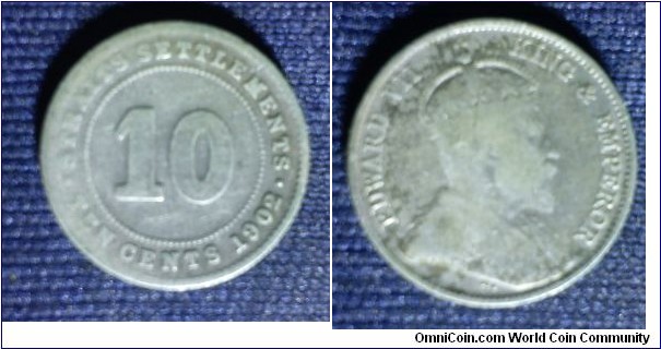 Straits Settlements King Edwards 10 cents 800.Silver