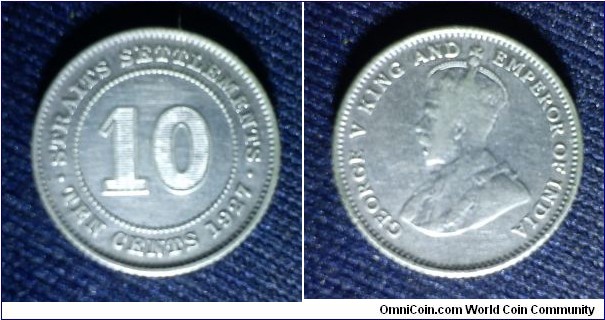 Straits Settlements King George V 10 cents. 600.Silver
