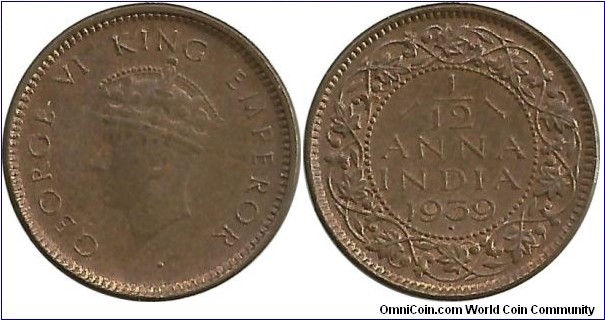 India-British 1/12 Anna 1939(B)