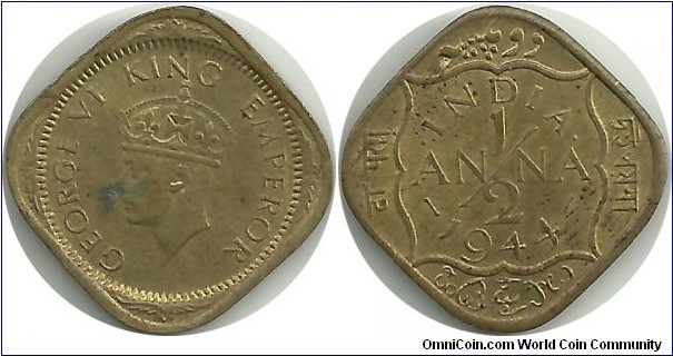 India-British ½ Anna 1944