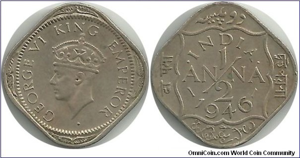 India-British ½ Anna 1946
