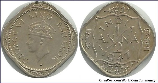India-British ½ Anna 1947