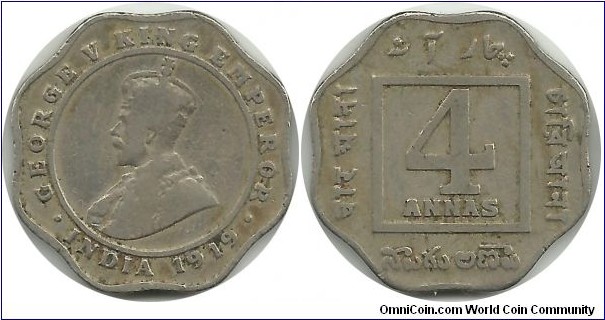 India-British 4 Annas 1919(C) Calcutta Mint
