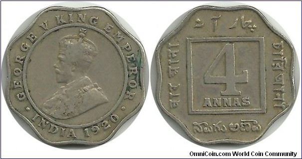 India-British 4 Annas 1920(C) Calcutta Mint