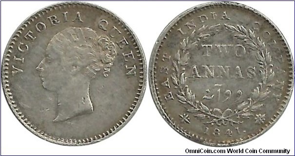 India-British 2 Annas 1841.(C) Calcutta Mint