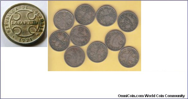 COLOMBIA - LEPER COLONY COINAGE 1921 2 CENTAVOS VF AVERAGE LOT OF 10 COINS
CAT 541