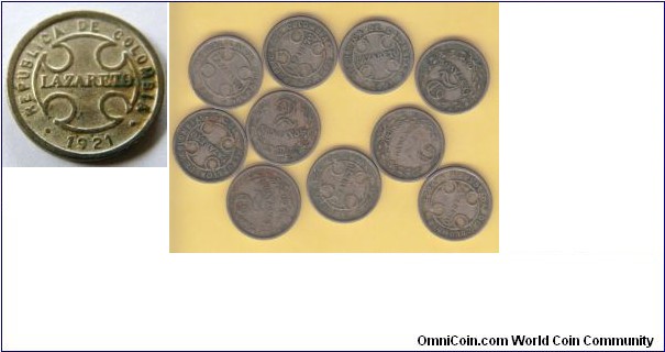 SOLD-COLOMBIA - LEPER COLONY COINAGE 1921 2 CENTAVOS VF AVERAGE LOT OF 10 COINS
CAT 541