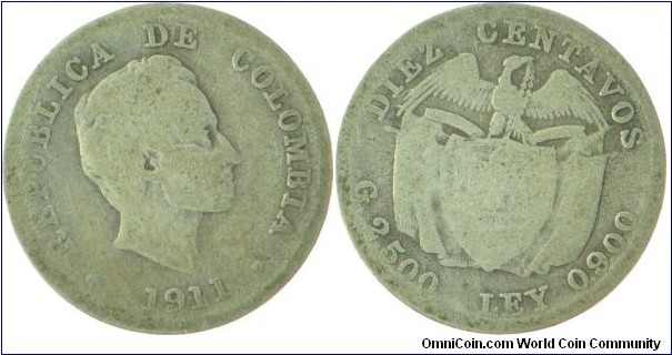 1911 - Colombia - 10 Cents Centavos - Silver - Coin - CAT 317 $ 15
JORGE