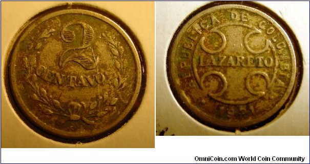 1921 Replubic of Colombia Lazareto Leprosarium Lepers Colongy 2 Centavo Coin
CAT542SOLD