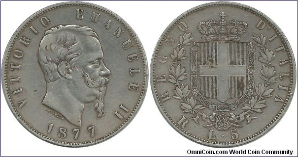 Italy-Kingdom 5 Lire 1877R  Ruler: Victor Emmanuel II
(1861–1878)