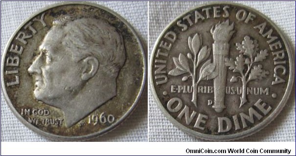 1960 Dime EF grade with toning