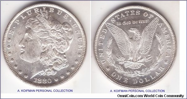 KM-110, 1880 United States of America dollar, New Orleans mint (O mint mark); silver, reeded edge; nice, something like MS-62 white coin, scarcer year in high grade.