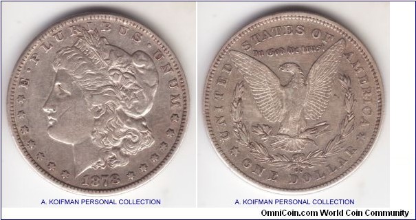 KM-110, 1878 United States of America dollar, Carson City mint (CC mint mark); silver, reeded edge; a good very fine, scarcer mint.