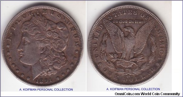 KM-110, 1891 Unites States of America dollar, Carson City mint (CC mint mark); silver, reeded edge; good very fine or slightly better specimen of the late, scarce mint.