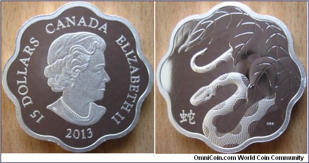 15 Dollars 2013 - Year of the Snake - 26.7 g Ag .999 Proof - mintage 28,888