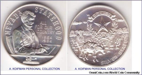 1964 Heraldic Art commemorative medal, Nevada Centennial; silver, reeded edge; excellent luster, mintage 6,000.