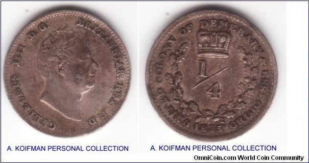 KM-17, 1835 Essequibo and Demarary; silver, plain edge; very fine with staining on obverse.