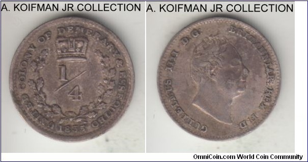 KM-17, 1835 Essequibo and Demarary 1/2 guilder; silver, plain edge; William IV, looks like variety without overdate, mintage 73,000, good very fine with some heavier toning or stain on obverse.
