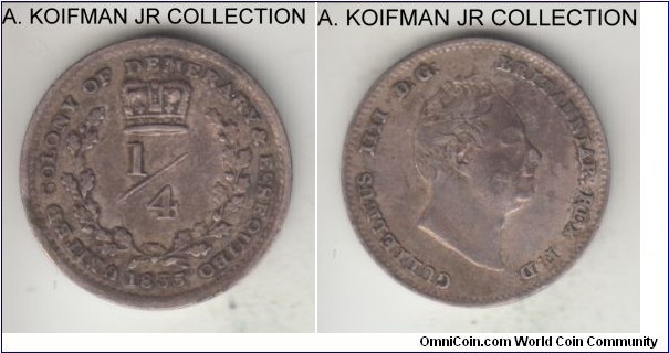 KM-17, 1835 Essequibo and Demarary; silver, plain edge; very fine with staining on obverse.