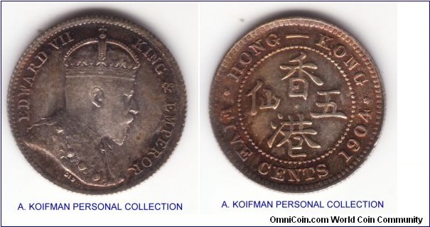 KM-12, 1904 Hong Kong 5 cents; silver, reeded edge; nice, about uncirculated.