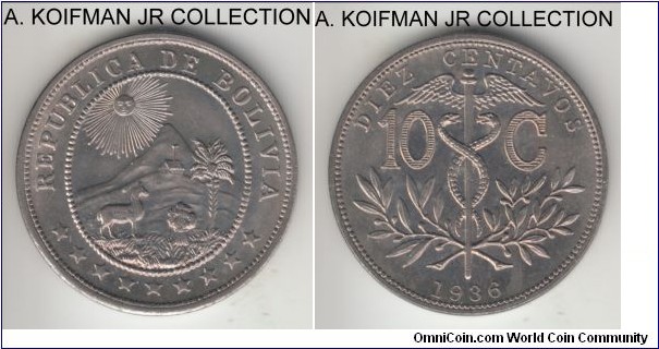 KM-179.1, 1936 10 centavos; copper nickel, plain edge; 3-year type, bright uncirculated.