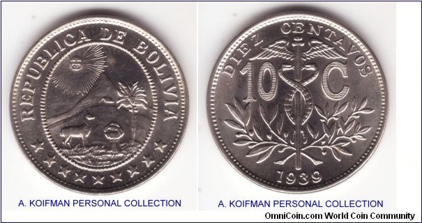 KM-179.2, 1939 10 centavos; copper nickel, plain edge; bright uncirculated but with carbon spot on obverse.