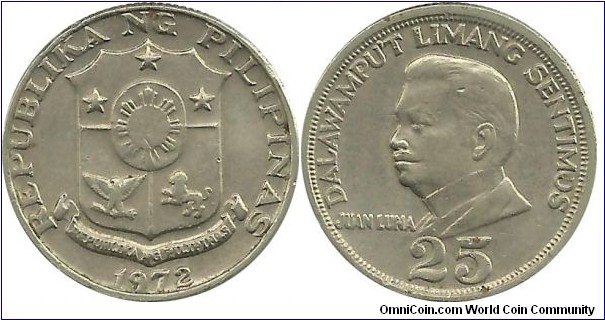 Philippines 25 Sentimos 1972 - Juan Luna