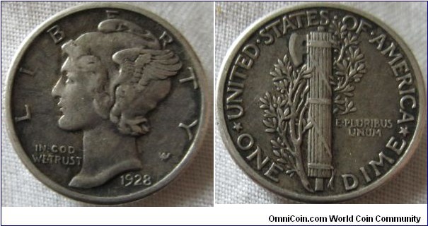 1928 Dime, nice darker colouration and VF+