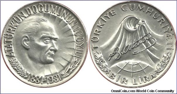 Türkiye 1 Lira 1981 - Kemal Atatürk's 100th Birthday commemorative coin