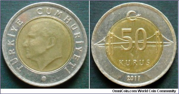 Turkey 50 kurus.
2011, Bimetal.