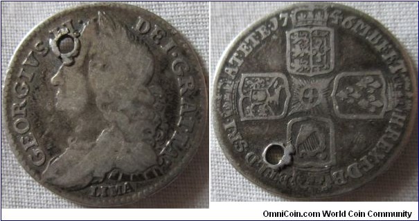 1746 LIMA 6D, struck from coinage and bullion captured from spanish south america, fine but holed