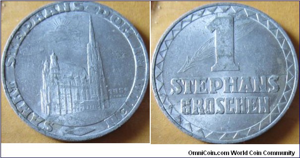 1950 Stephens Grochen, these coins were minted by the Austrian mint for sale in St Stephens Cathedral to raise money to complete building work, there were 24 versions, 10 in Aluminum, in which this one, 9 with shields of differant regeons of Austria and 1 without, there were also struck in silver with the same 10 varieties 1 in gold, the 22nd Salzburger Festspiel type the 23rd in 1971, no shield and in silver and the 24th a proof minted in 1977 containing the arms of vienna, so perhaps even more types of this interesting token