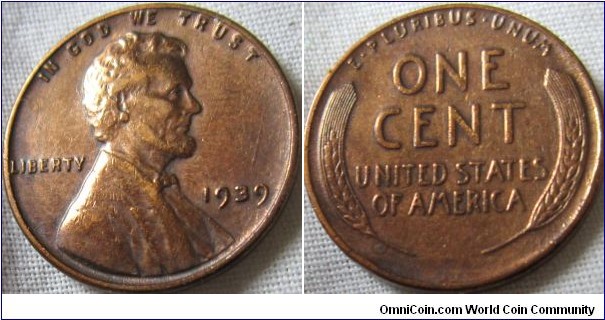 1939 cent, looks cleaned but VF details