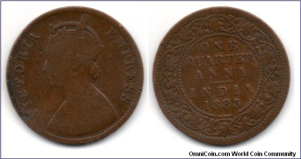 1/4 Anna. Worn Victoria Empress Obverse.