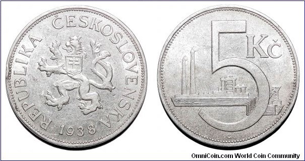 CZECHOSLOVAKIA (REPUBLIC)~5 Koruna 1938. Last issue before German takeover.