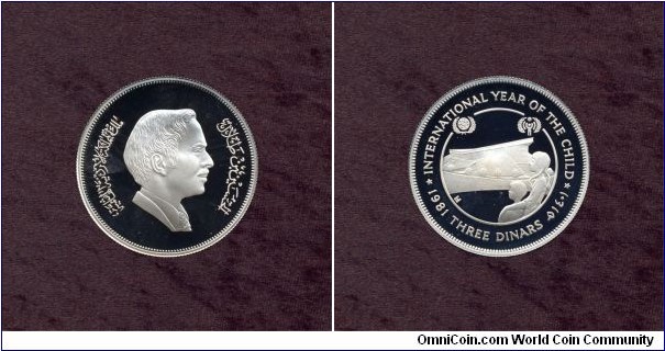 Jordan, 3 Dinars, A.D. 1981, Silver, Proof, International Year of the Child, KM # According to Krause Catalogue: 43