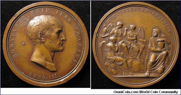 1800 Italia, Cisalpine Republic, Consulate Attempt on the Life of Napoleon Bonaparte Medal by Luigi Manfredini, Milan after A. Appiani for the attach of 24 December 1800 of the Rue Saint-Nicaise conspiracy or of the infernal machine. Bronze: 59MM
Obv: BONAPARTE.REIP.ITAL. PRAESES. Bare head right Bonaparte behind Star, sign LM and below ANNO.III. Rev: DVX.TVTVS.AB.INSIDIIS. God of Fortune with scissors and urn, sitting near the three winged Fates, hovering next to him on air.
