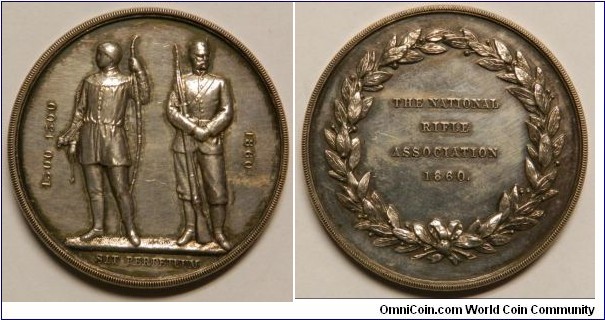 1860 Canadian The National Rifle Association (NRA was founded in England at 1859 which consider itself the oldest civil rights organization) Medal by G.G. Adams. Silver: 48MM./53 gm.
Obv:  A medieval period Archer on the left side with the date