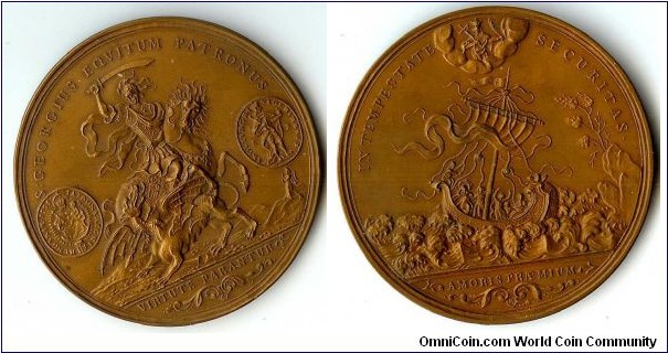 1699-1751 Austrio-Hungarian Kremnitz Jeremies Roth St. George Slaying Dragon Medal, Bronze 60MM.
Obv: St. George raises his sword in the direction to the Dragon, the left & right is front & rear of the 1/4 Dukaten 1738. Rev: Christ with 5 apostles on a sailing ship in stormy sea. Legend IN TEMPESTATE SECURITAS. 
