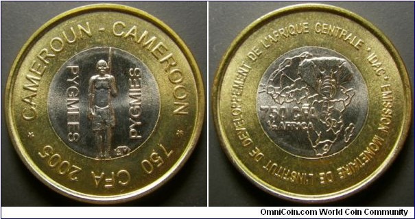 Cameroon 2005 750 franc. Bimetal version. Weight: 5.27g. 