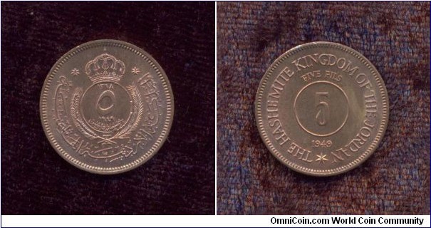Jordan, A.D. 1949, 5 Fils, Circulation Coin, Uncirculated, KM # According to Krause Catalogue: 3