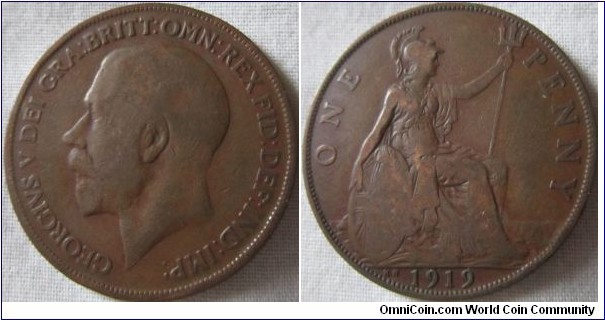 1919 penny, F grade, obv is a very poor strike, hence why it looks very worn