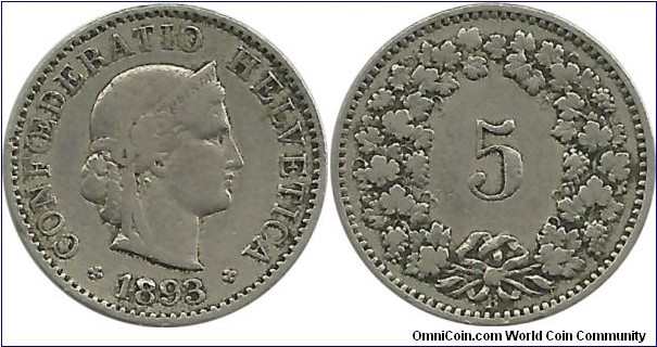 Switzerland 5 Rappen 1893B
