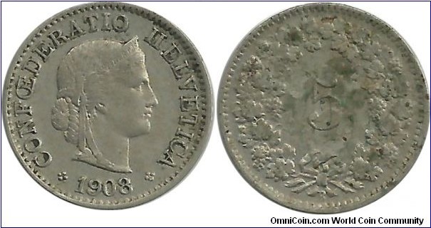 Switzerland 5 Rappen 1908B