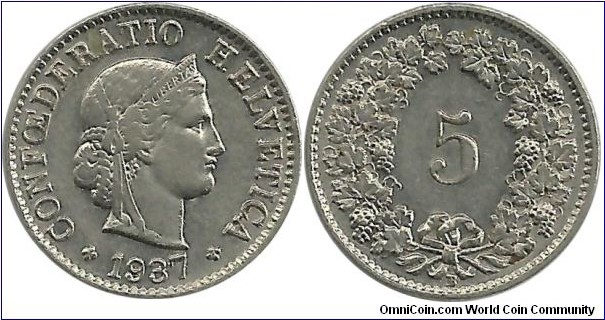 Switzerland 5 Rappen 1937B