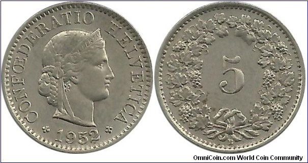 Switzerland 5 Rappen 1952B