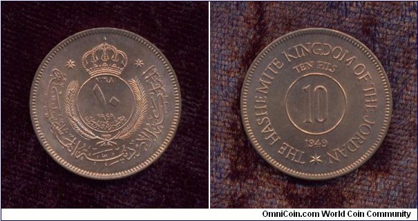Jordan, A.D. 1949, 10 Fils, Circulation Coin, Uncirculated, KM # According to Krause Catalogue: 4