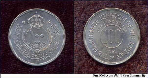 Jordan, A.D. 1949, 100 Fils, Circulation Coin, Uncirculated, KM # According to Krause Catalogue: 7