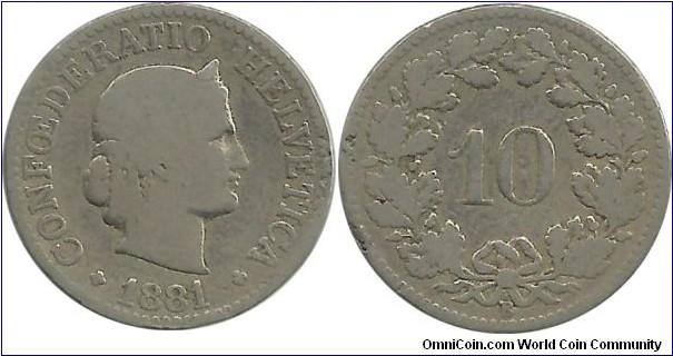 Switzerland 10 Rappen 1881B